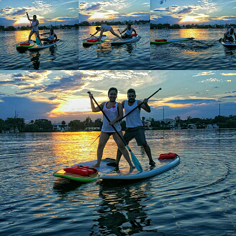 a collection of a couple sharing two paddle boards and falling