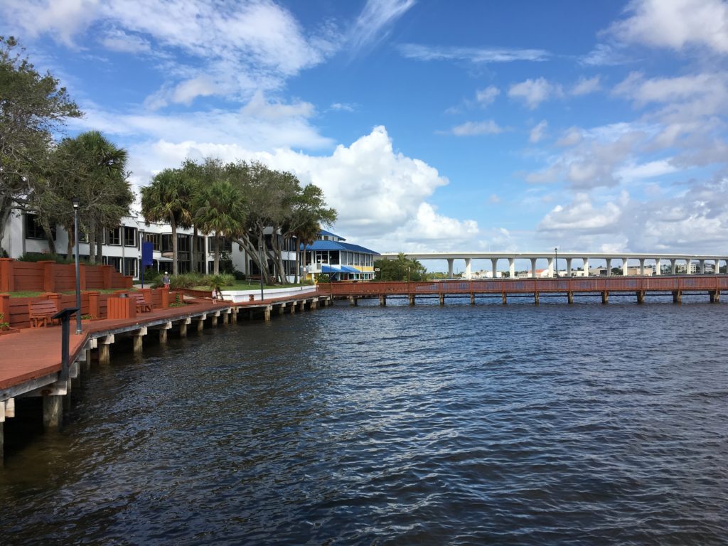 dock with a hotel