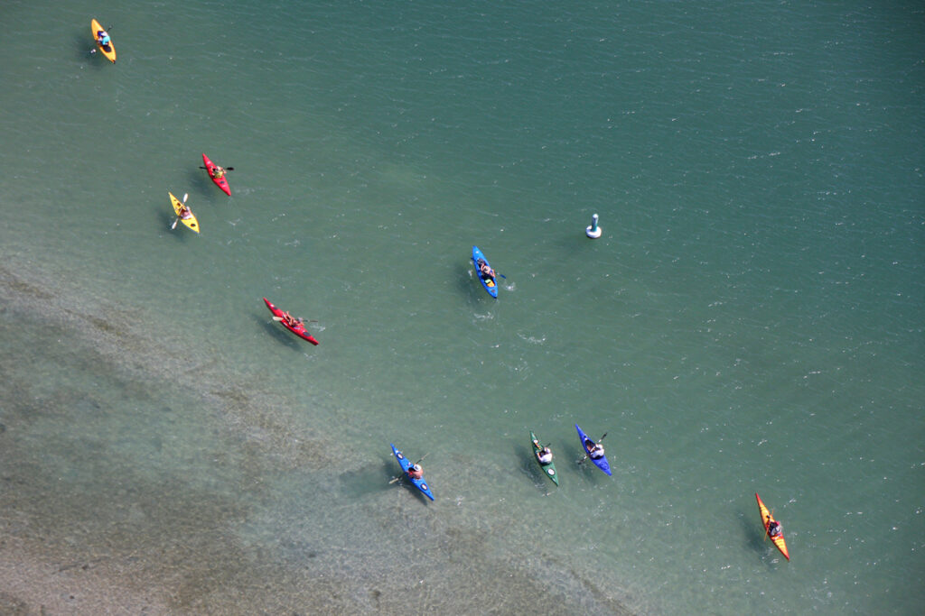 kayaks on open water