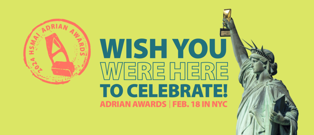 Green graphic showing the Statue of Liberty and "Wish You Were Here" branding for the HSMAI Adrian Awards